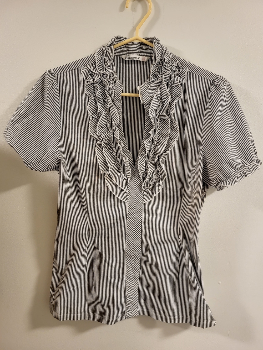 Bluenotes Black & White Striped Ruffle Front Blouse